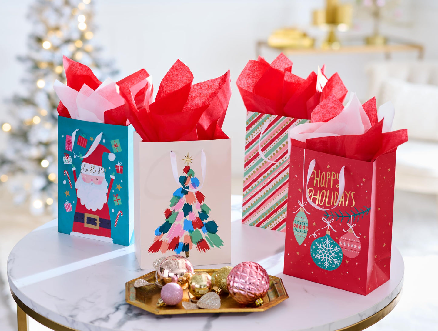 American Greetings 10" Medium Christmas Gift Bags, Santa, Ornaments, Stripes (4 Bags)