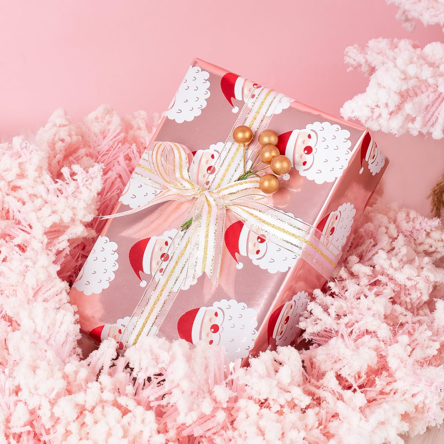 Reversible Christmas Wrapping Paper - Mini Roll - 17 Inch x 33 Feet - Santa Claus Wrapping Paper and Solid Rose Gold Design with Metallic Foil Shine for Chrsitmas, Holiday, Party