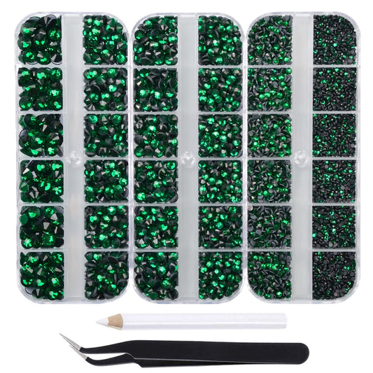 7000pcs+ Flatback Glass Hotfix Iron On Rhinestones Crystal for DIY Making with 1 Tweezer & 1 Picking Pen for Shoes, Clothes, Face Art, Bags, Manicure (Emerald, 5-Sizes)