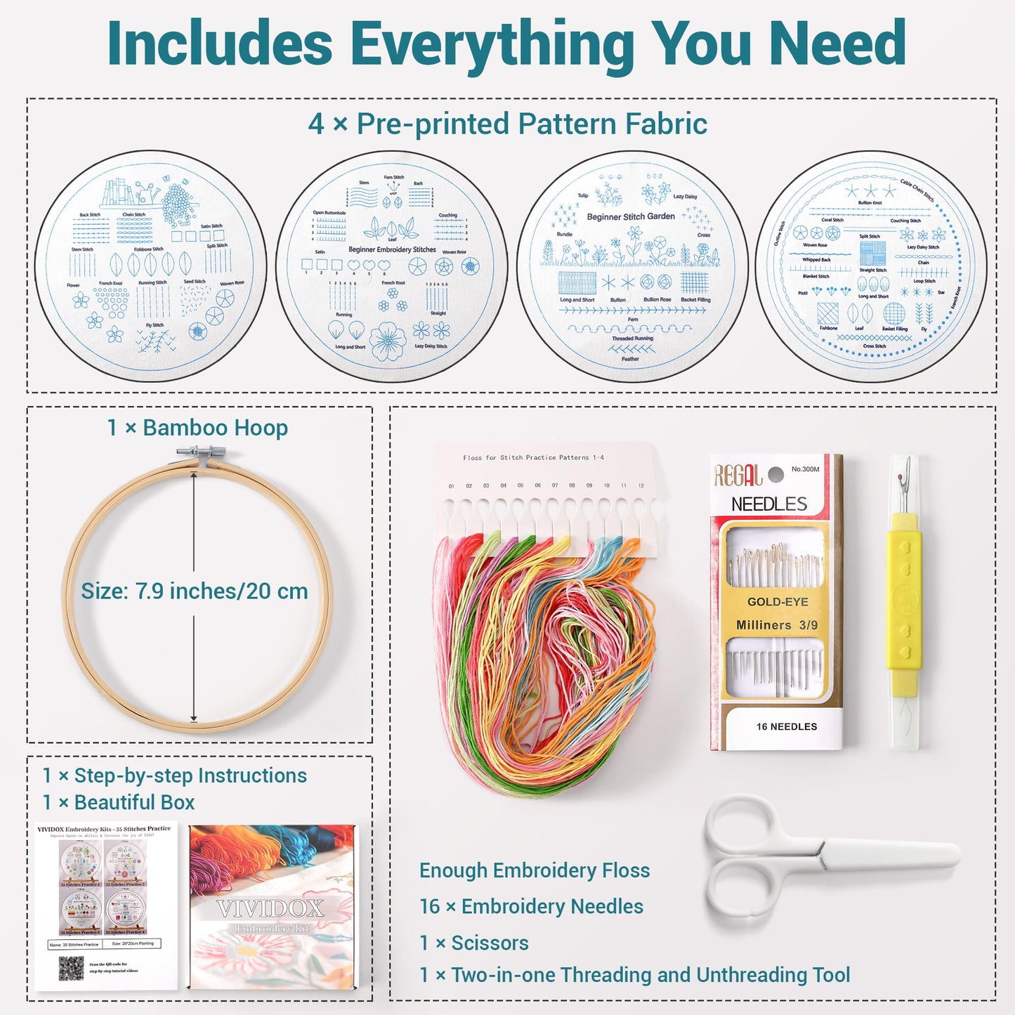 4 Sets Embroidery Kit for Beginners Adults, 35 Stitches Practice Kits Cross Stitch for Starter, DIY Hand Craft with Stamped Pattern, Bamboo Hoop, Threads, Needles, Scissors, Tools, Instruction