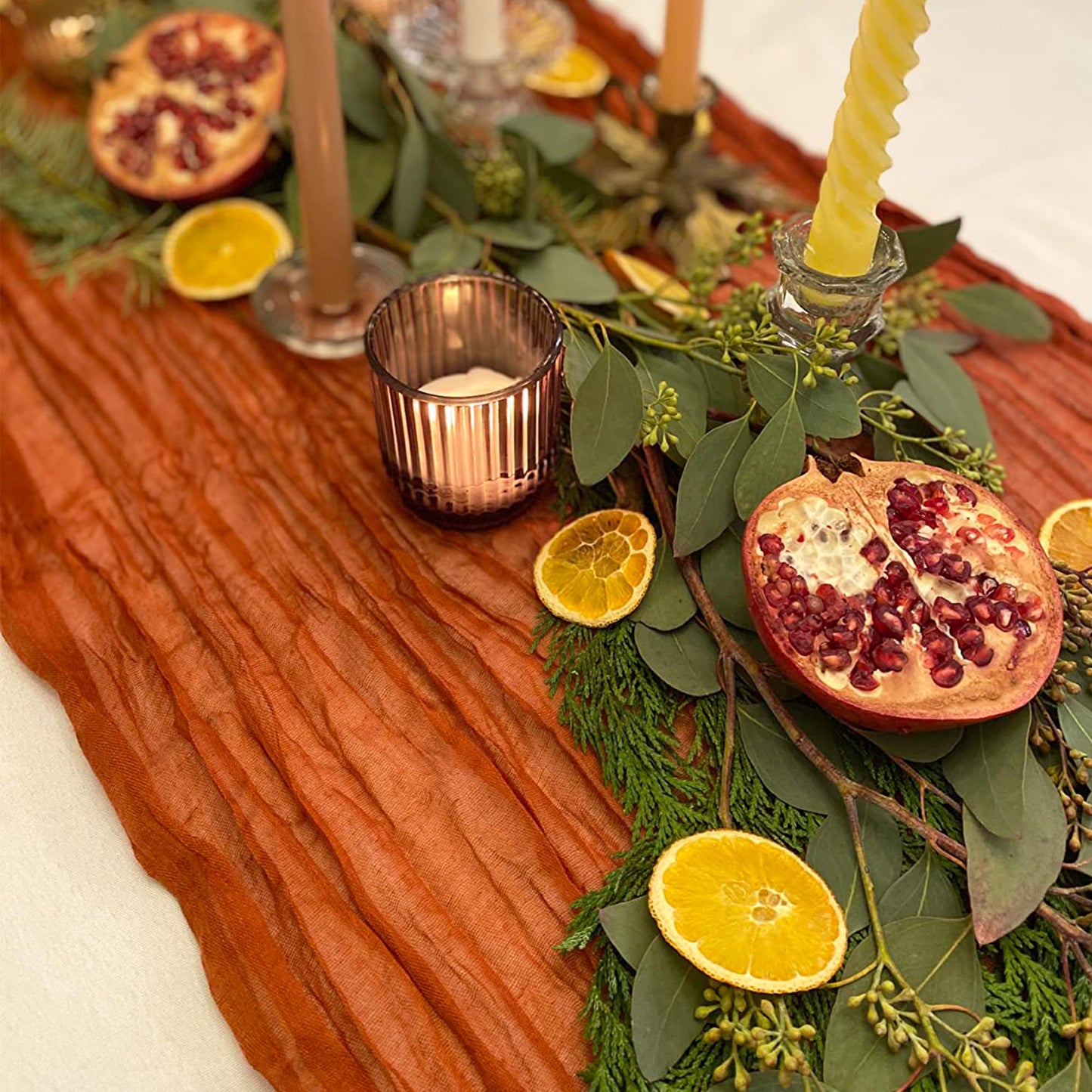 Thanksgiving Fall Table Runner 13.3FT, Burnt Orange Cheesecloth Table Runner for Fall Decorations, Boho Table Runners for Thanksgiving, Baby Shower, Bridal Shower & Wedding Decorations