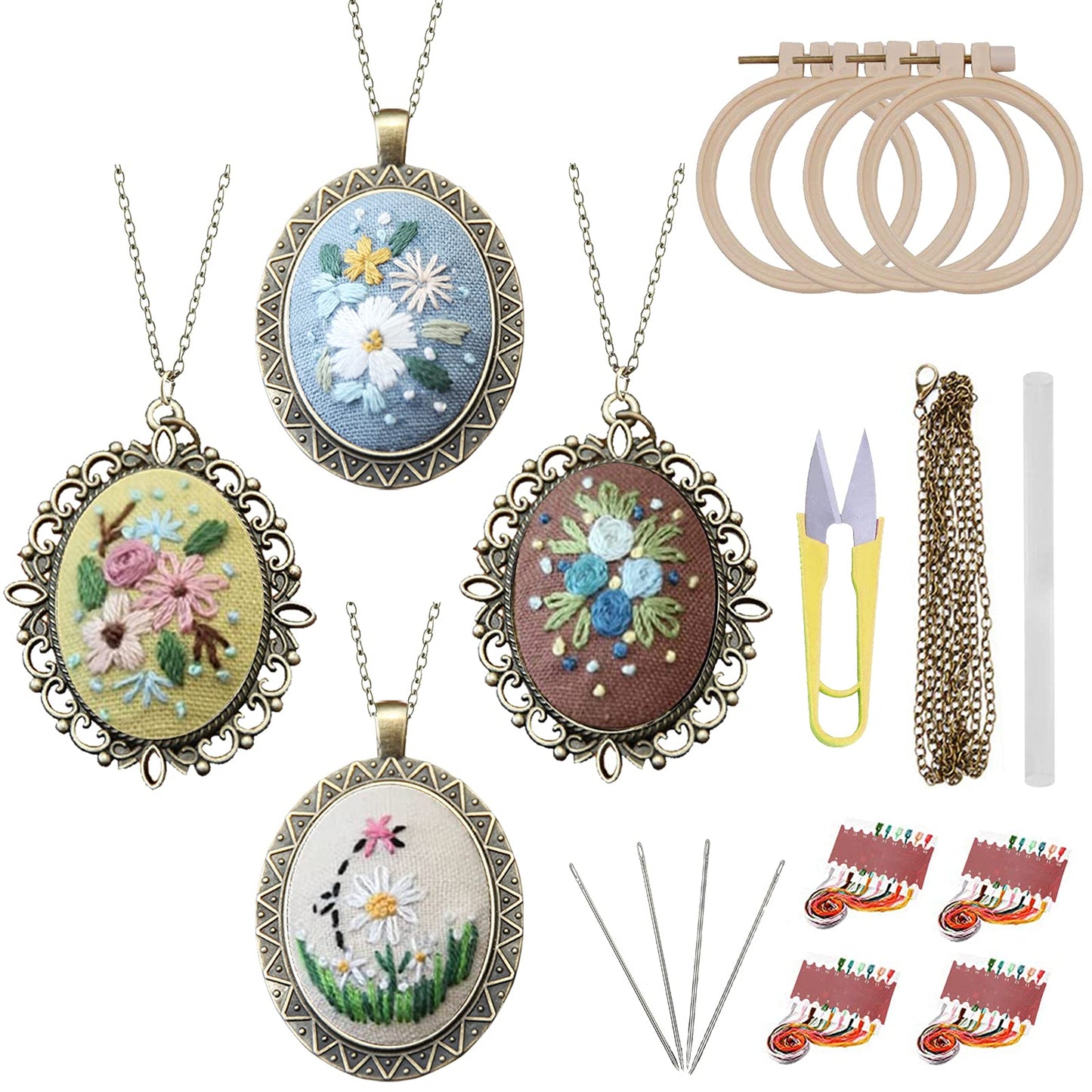 ZOCONE 4 Packs Embroidery Necklace Kits, Embroidery Pendant Kit Mini Cross Stitch Kit with 4 Hoops, Necklace, Pendant, Stamped Pattern Cloth, Instructions, etc., Embroidery Kits for Adults