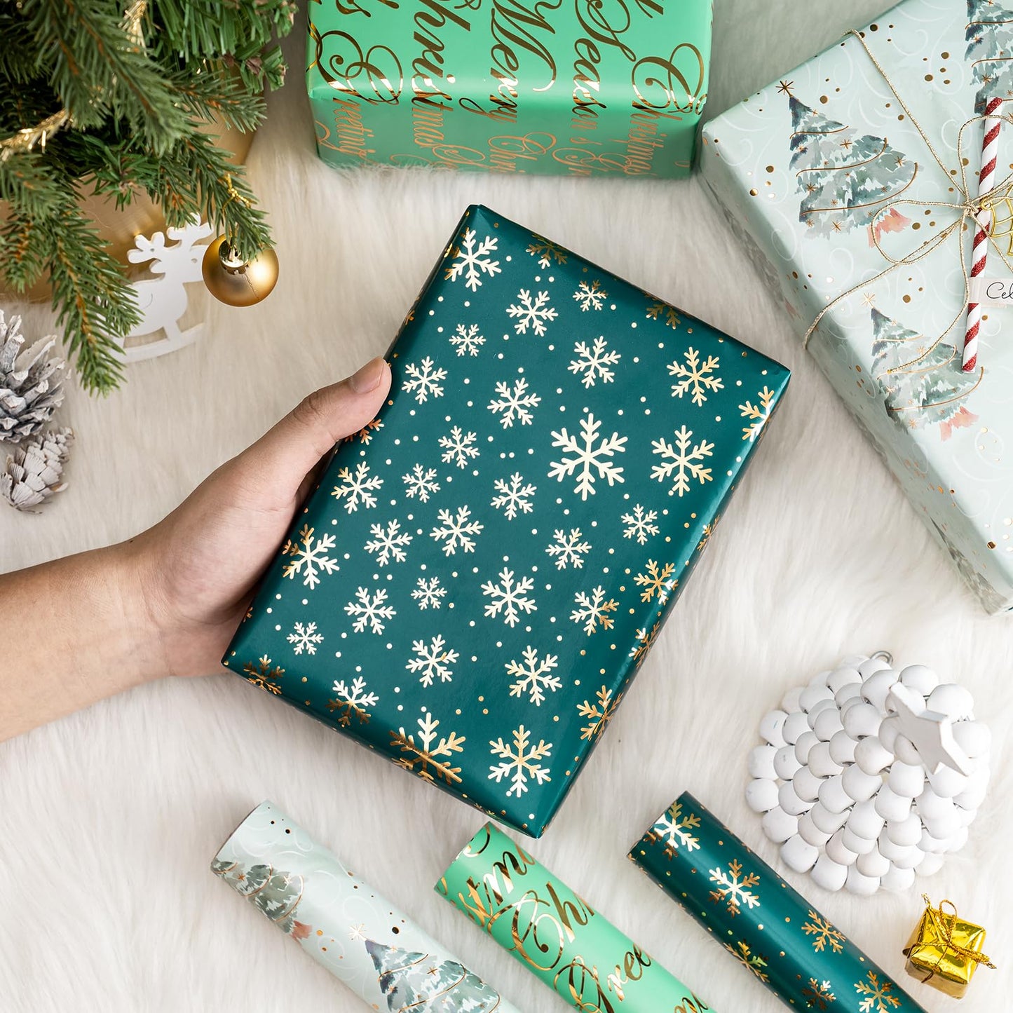 Christmas Wrapping Paper - 3 Rolls, 17 Inch X 120 Inch Each - Green Foil Christmas Tree, Snowflake Designs with Metallic Shine - Perfect for Christmas, Holiday