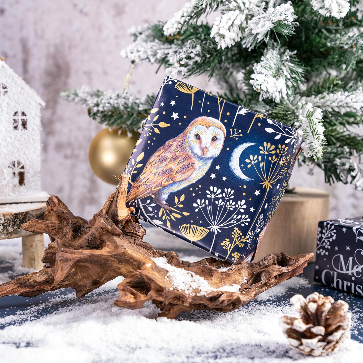 Reversible Wrapping Paper Roll - Mini Roll - Navy Blue Owl Pattern Great for Christmas, Party, Holiday - 17.5 Inches X 32.8 Feet