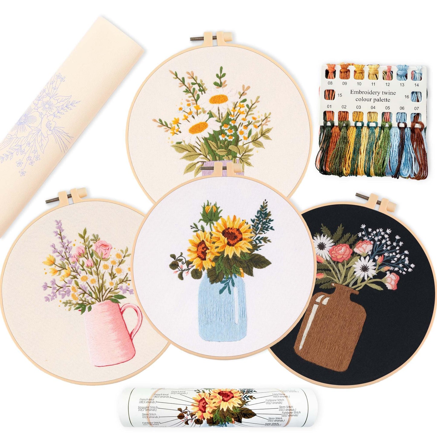 4 pcs of Embroidery Starter kit with Patterns and Instructions, DIY Adult Beginner Cross Stitch Kits, Including 2 Plastic Embroidery Rings, 1 Pair of Scissors, Colored Threads and Needles