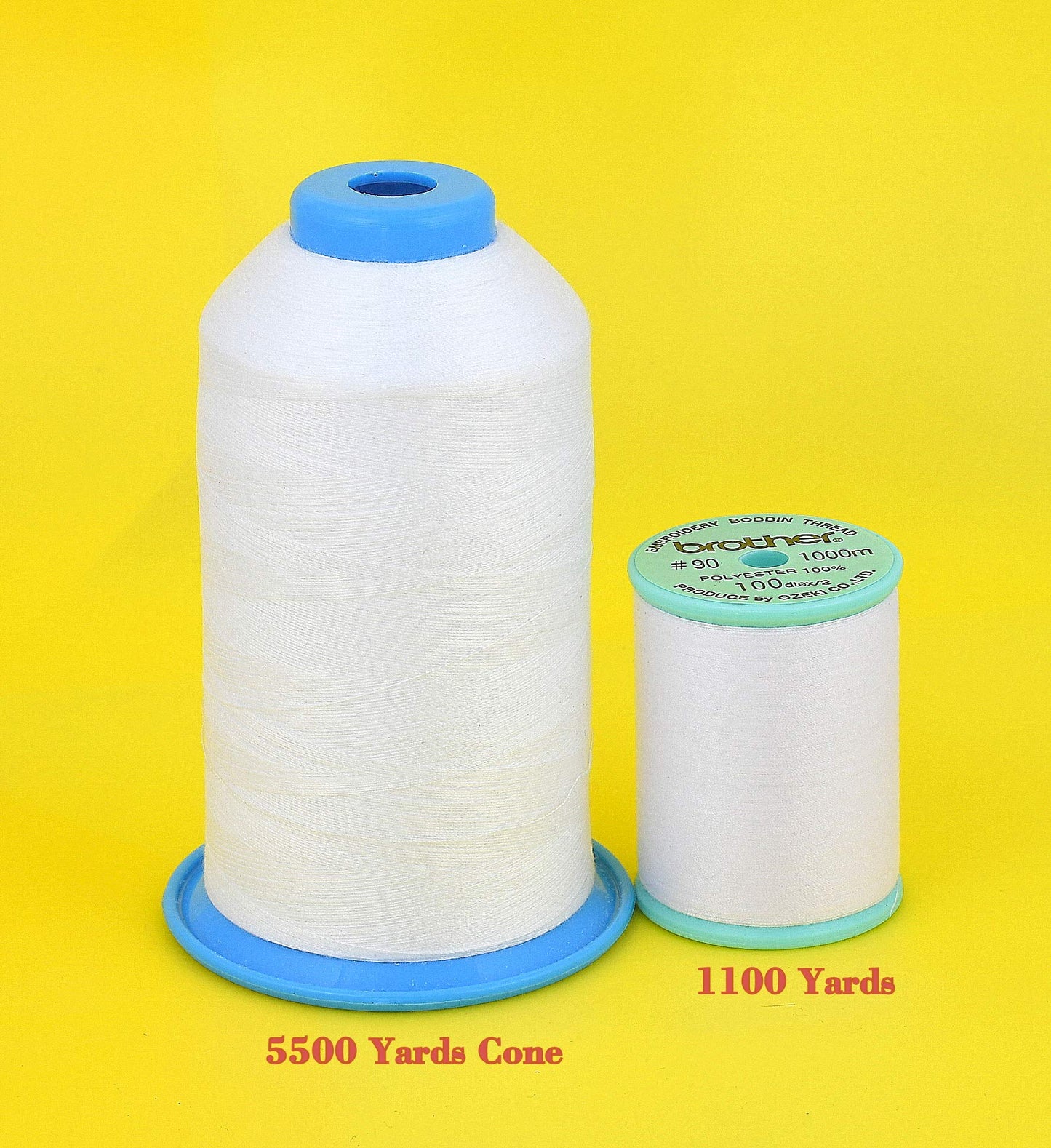 2-Pack Premium 90 WT Machine Embroidery Bobbin Thread White - Set of 2 X-Large Huge Polyester Cones 5500 Yards Each Spool Lint Free White Thread - Compatible with All Embroidery and Sewing Machines