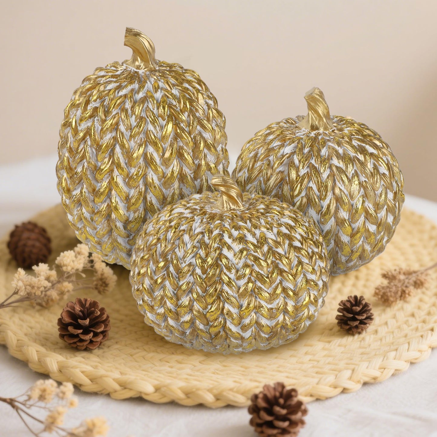 Fall Decorations for Home Set of 3, Gold & White Resin Pumpkin Decor with Woven Design - Thanksgiving Table Centerpiece, Mantel, Indoor & Outdoor Farmhouse Autumn Décor