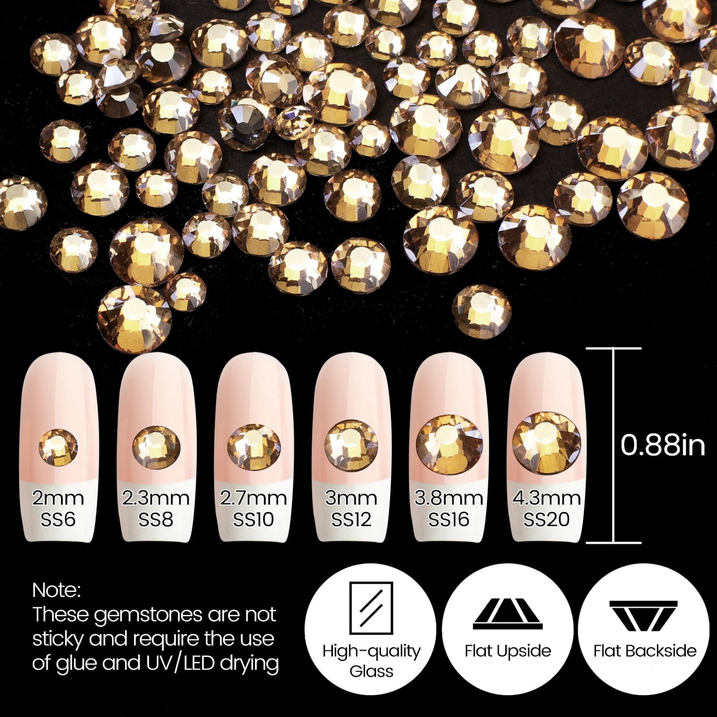 2120Pcs Champagne Gold Crystal Nail Rhinestones Round Beads Multi Shapes Sizes Flatback Glass Gems Stones for Nail DIY Crafts Clothes Shoes Jewelry