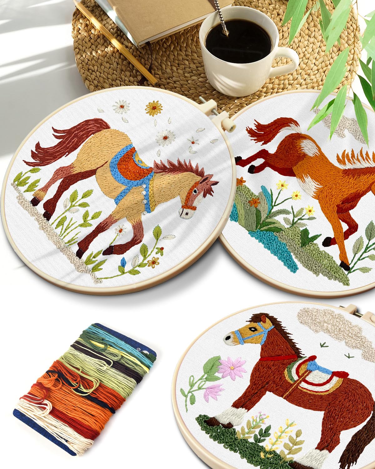 Embroidery Kit for Adult, 3 Pack Embroidery DIY Starter Kit, with Stamped Patterns, Hoop, Tools, Colorful Threads with Needles, Instructions