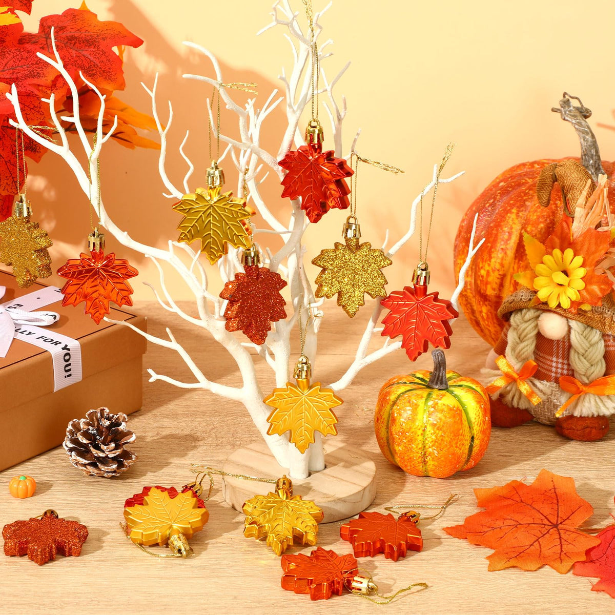 JULMELON 36 Pcs Fall Tree Ornaments, Glitter Maple Leaf Hanging Decorations
