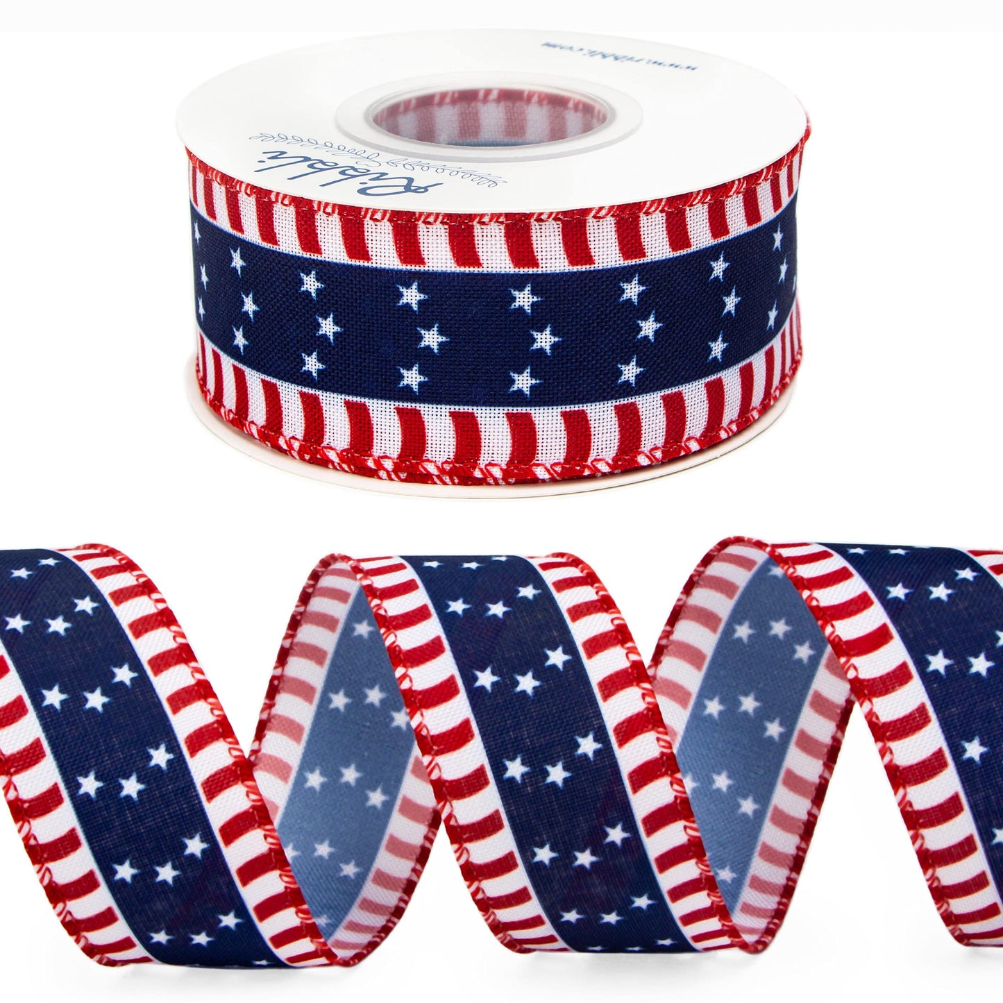 Ribbli Patriotic Ribbon, Stars and Stripes Wired, 1-1/2 Inch x 10 Yard, Red/White/Navy, Canvas for Bows, Wreaths, Trees