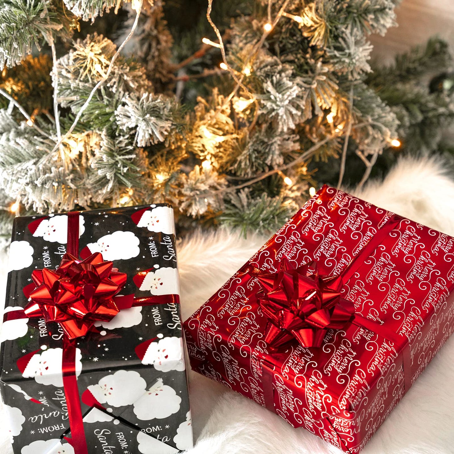 Reversible Vintage Christmas Wrapping Paper - Mini Roll - 17 Inch x 33 Feet - Black Jolly Santa Wrapping Paper and Red Merry Christmas Design with Metallic Foil Shine for Holiday, Party