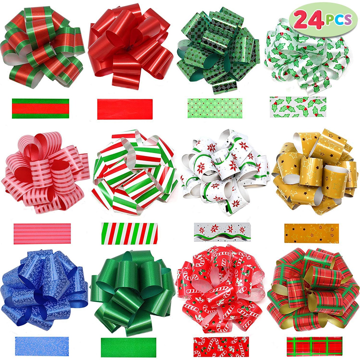 JOYIN 24 PCS Christmas Wrap Ribbon Pull Bows (5" Wide); Easy and Fast Gift Wrapping Accessory for presents, Bows, Baskets, Wine Bottles Decoration, Xmas Gift Wrapping and Decoration Present