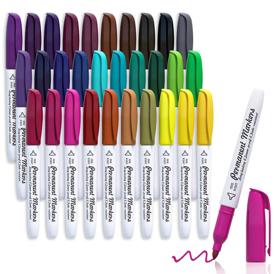 30 Colors Permanent Markers, Fine Point, Assorted Colors, Works on Plastic,Wood,Stone,Metal and Glass for Kids Adult Coloring Doodling Marking