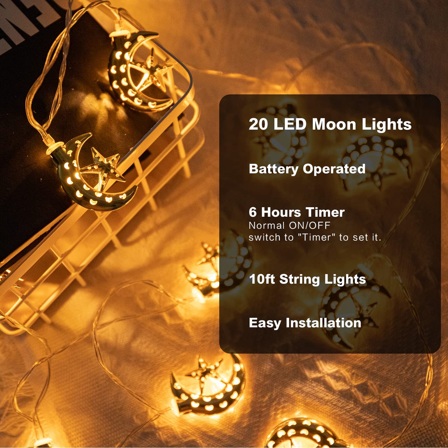 Vigdur Ramadan String Lights - 20 LEDs Eid Mubark Moon Star Fairy Lights Battery Operated with Timer, Ramanda Decoration Lights for Eid Al Adha Ramadan Home Decor, 10FT