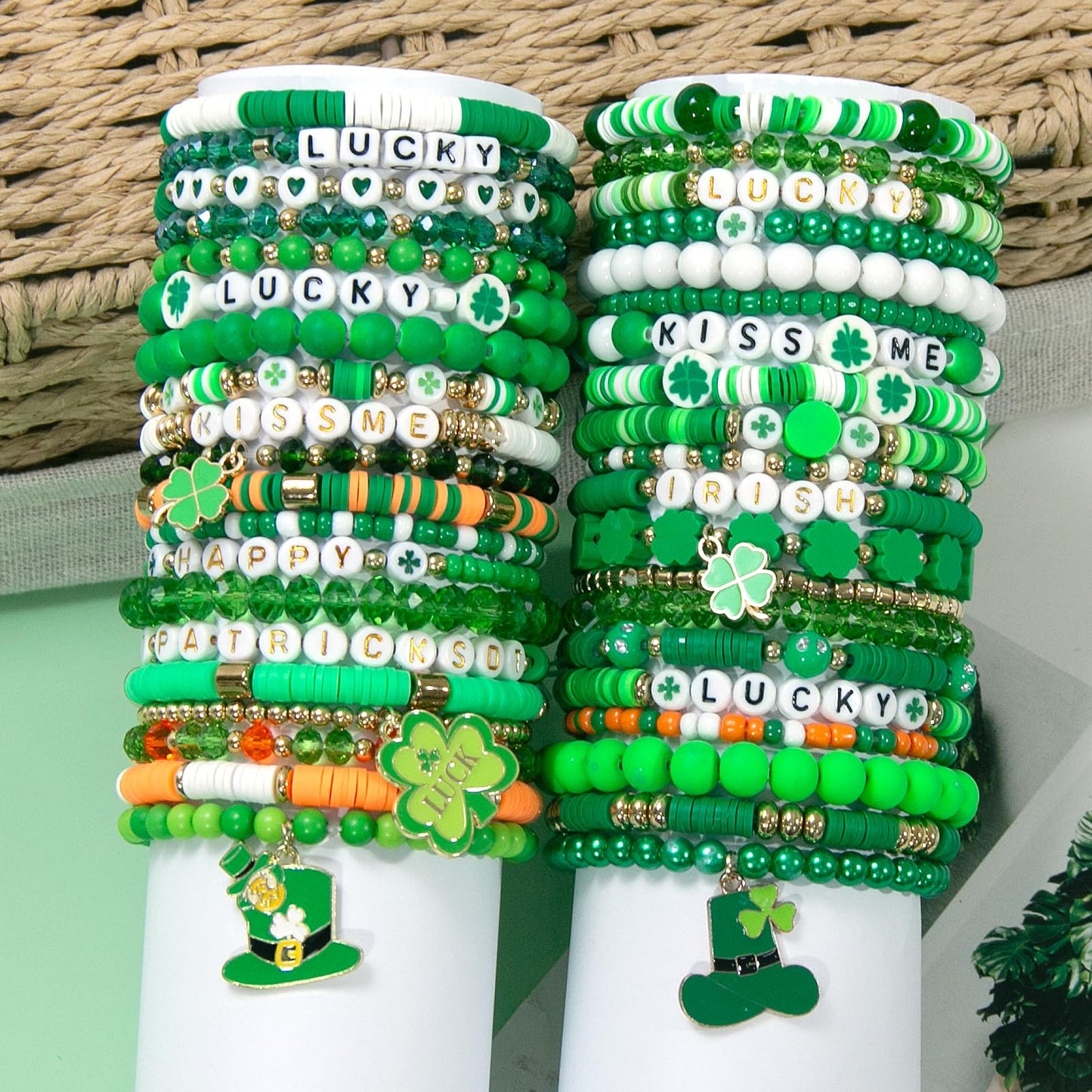 40 Pcs St. Patrick's Day Shamrock Bracelets Set Green Irish Clay Stretch Stackable Friendship Bracelet for Women, Party Favors Jewelry Gift Party Supplies