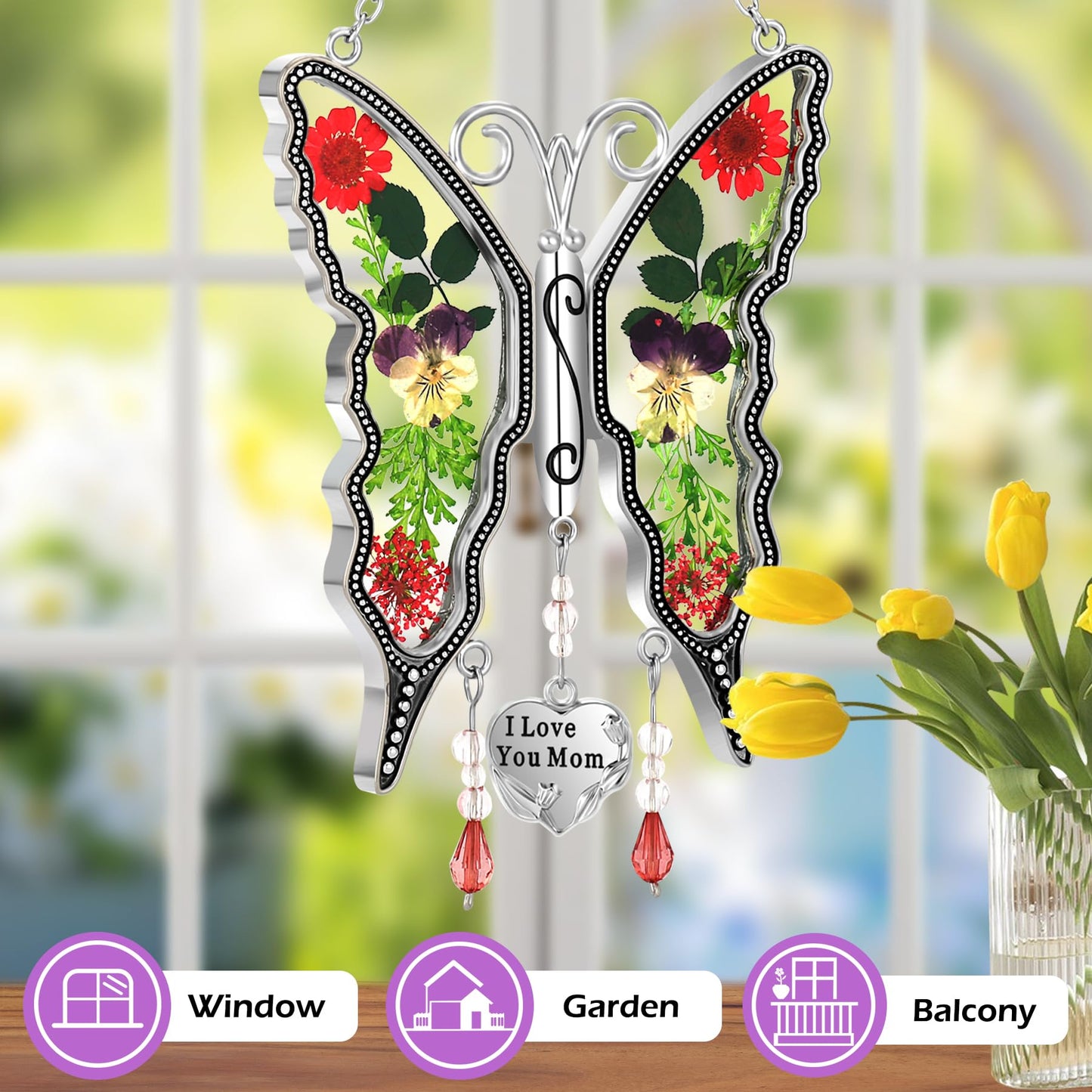 KY&BOSAM Gifts for Mom Butterfly Suncatcher I Love You Mom Stained Glass Sun Catcher Hanging for Window Wind Chime Pressed Dried Flowers Engraved and Metal Charm Mothers Day Valentine's Birthday Decor