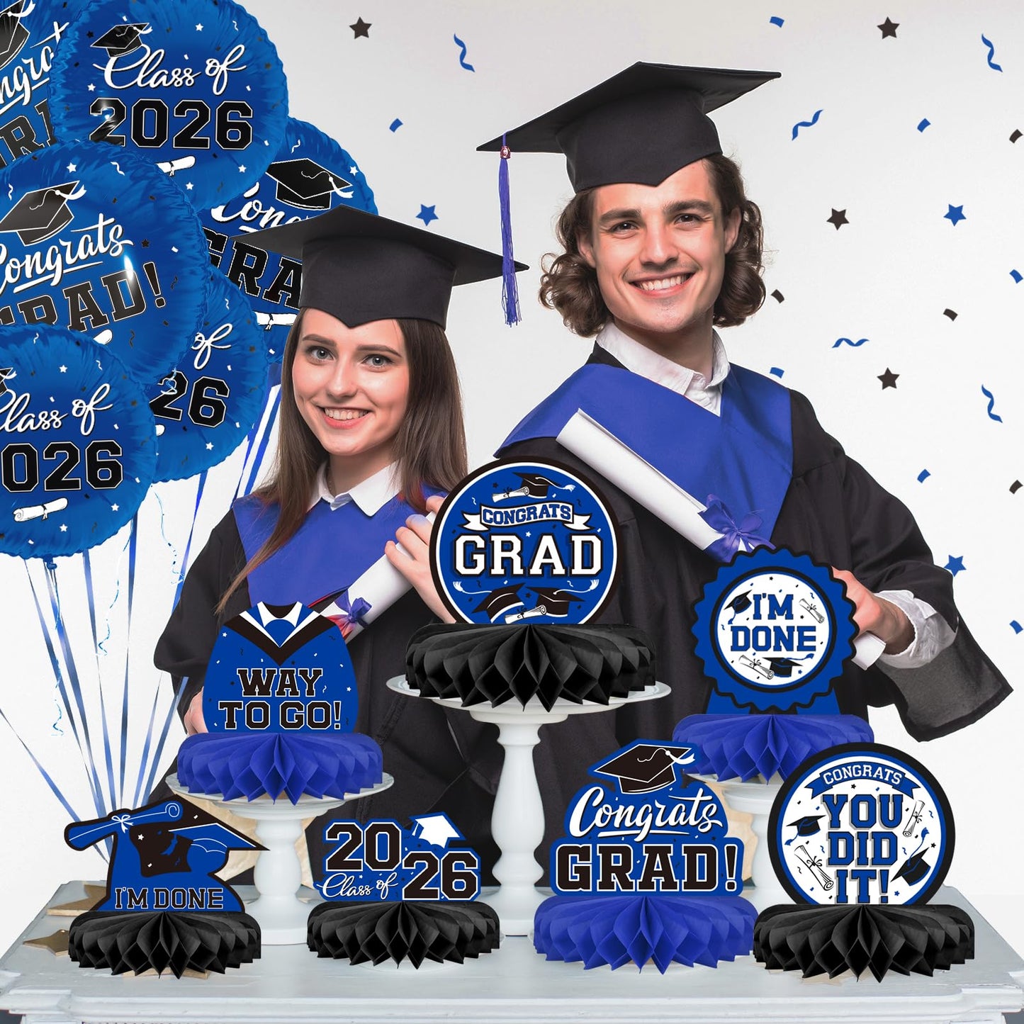 9PCS Graduation Party Decorations Class of 2026 Congrats Grad Table Centerpiece Congratulate Graduation Honeycomb Table Toppers for Graduation Party Supplies(Blue,Black）