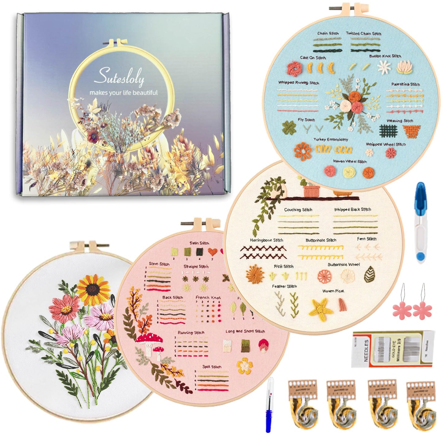 Hand Embroidery Kit for Beginners, 4 Sets Learn to Floral Patterns Simple Beginner Starter kit for Adults, 33 Stitches Easy Embroidery Practice Kit, 7.8inch Hoop