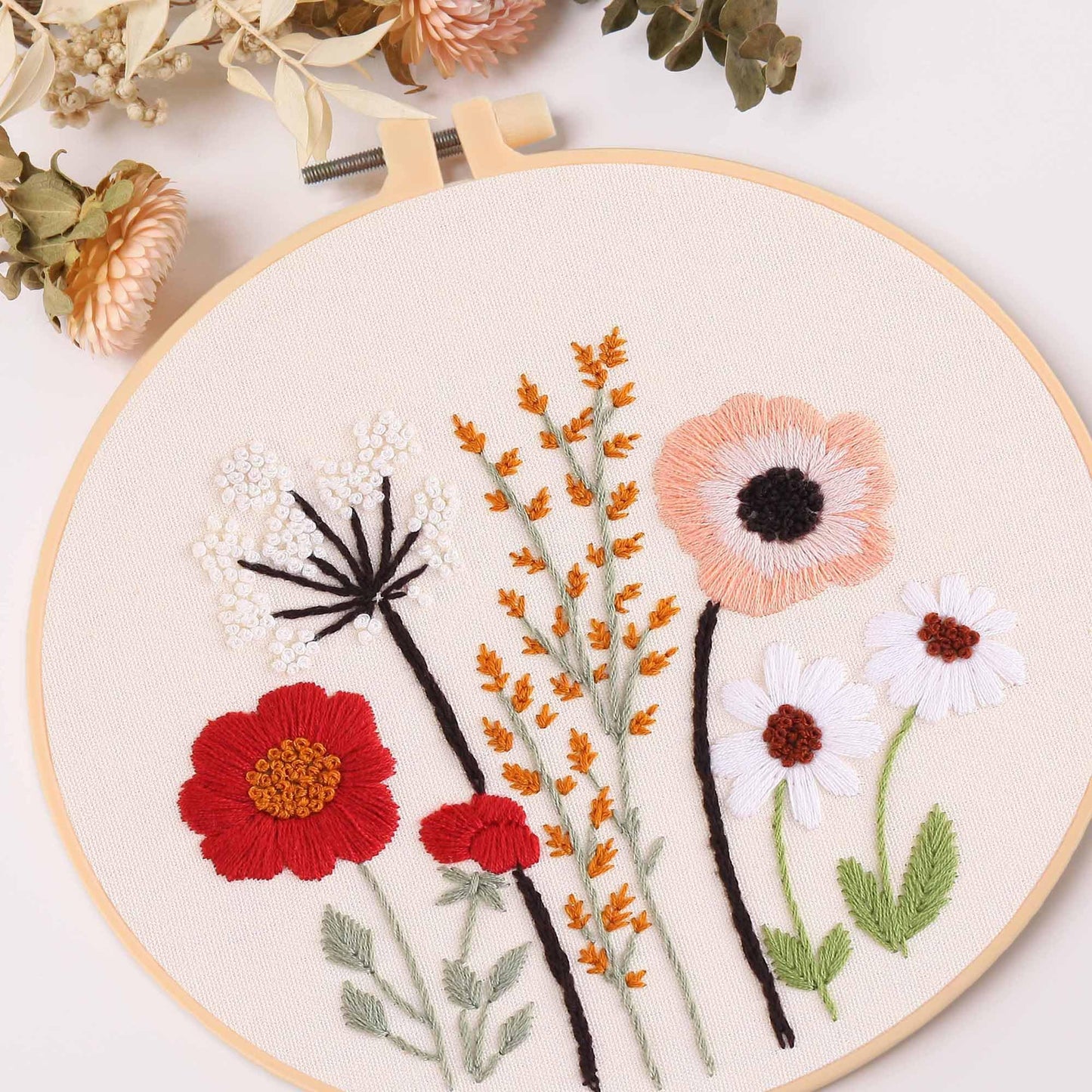 4ps Embroidery Starter kit with Flowers Patterns and Instructions, DIY Adult Beginner Cross Stitch Kits, Including 2 Plastic Embroidery Hoop, 1 Pair of Scissors, Colored Threads and Needles