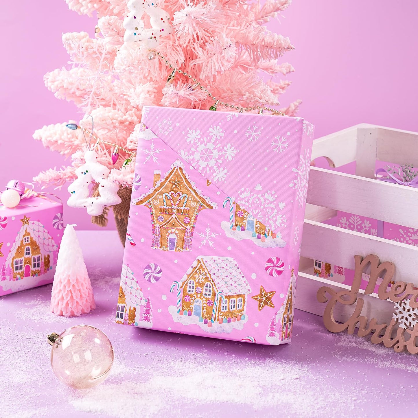 Reversible Gingerbread Christmas Wrapping Paper - Mini Roll - 17 Inch x 33 Feet - Pink Gingerbread House and Snowflake with Embossed for Christmas, Holiday, Party Celebration