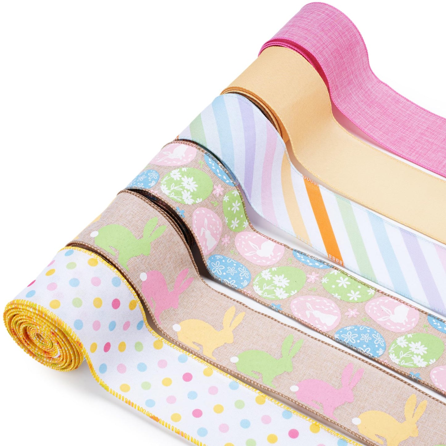 Easter Ribbon Wired 6 Rolls 2.5 Inch x 36 Yards TTL, Eggs and Bunny Easter Ribbons for Baskets, Striped and Polka Dot Wide Ribbons for Crafts Spring Wreath Gift Wrapping Bow Decoration