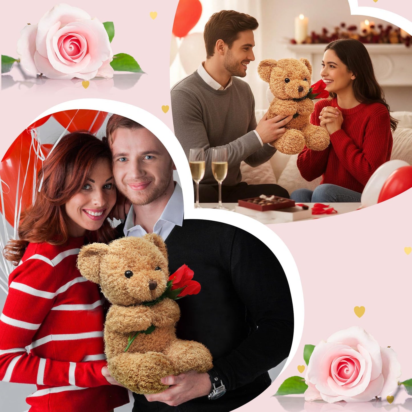 Valentine Bear Stuffed Animal Gift with Rose Funny Cute Bear Stuffed Animal Plush Gift for Valentine Mother Birthday Wedding Christmas, 11.8 Inches(Beige)