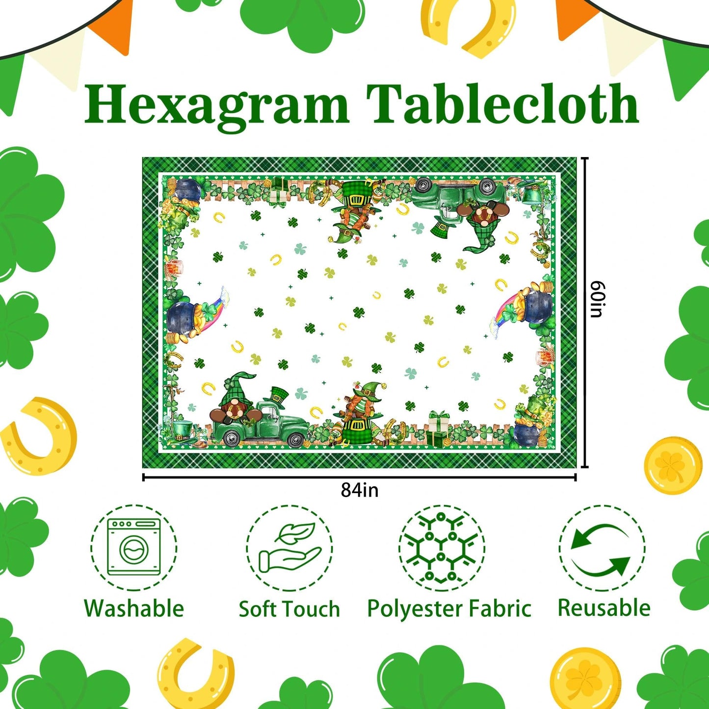 St Patricks Day Tablecloth Rectangle 60 x 84 Inch, Green Shamrocks St Patrick's Table Cloth Gnome Truck Cover for Party Home Dinner Decor