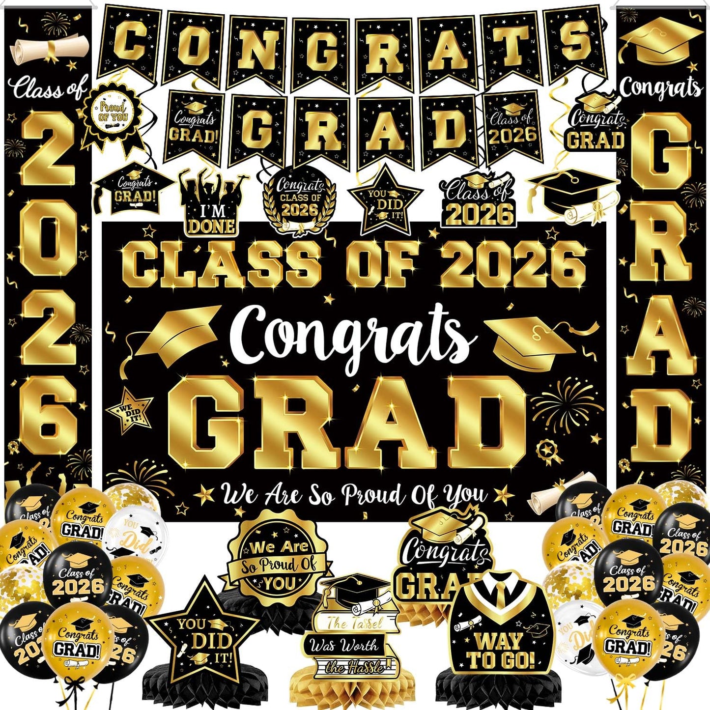 2026 Graduation Decorations - Black and Gold Graduation Decorations Set Congrats Grad Banner & Backdrop, Porch Sign, Hanging Swirls, Balloons, Honeycomb Centerpieces for Congrats Grad Party Decorations