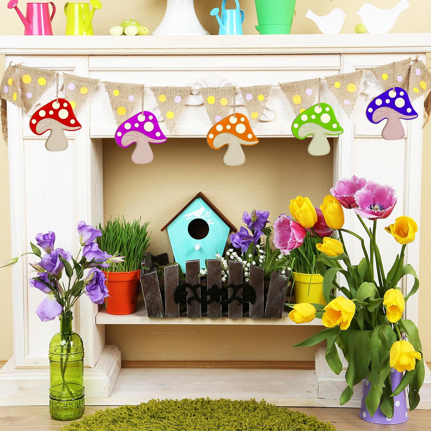 Wooden Spring Ornaments to Paint Mushroom Decoration Cutouts Unfinished 24PCS 3.5 x 3 inches, DIY Blank Unfinished Mushroom Wood Discs Ornament for Home Crafts Hanging Decoration