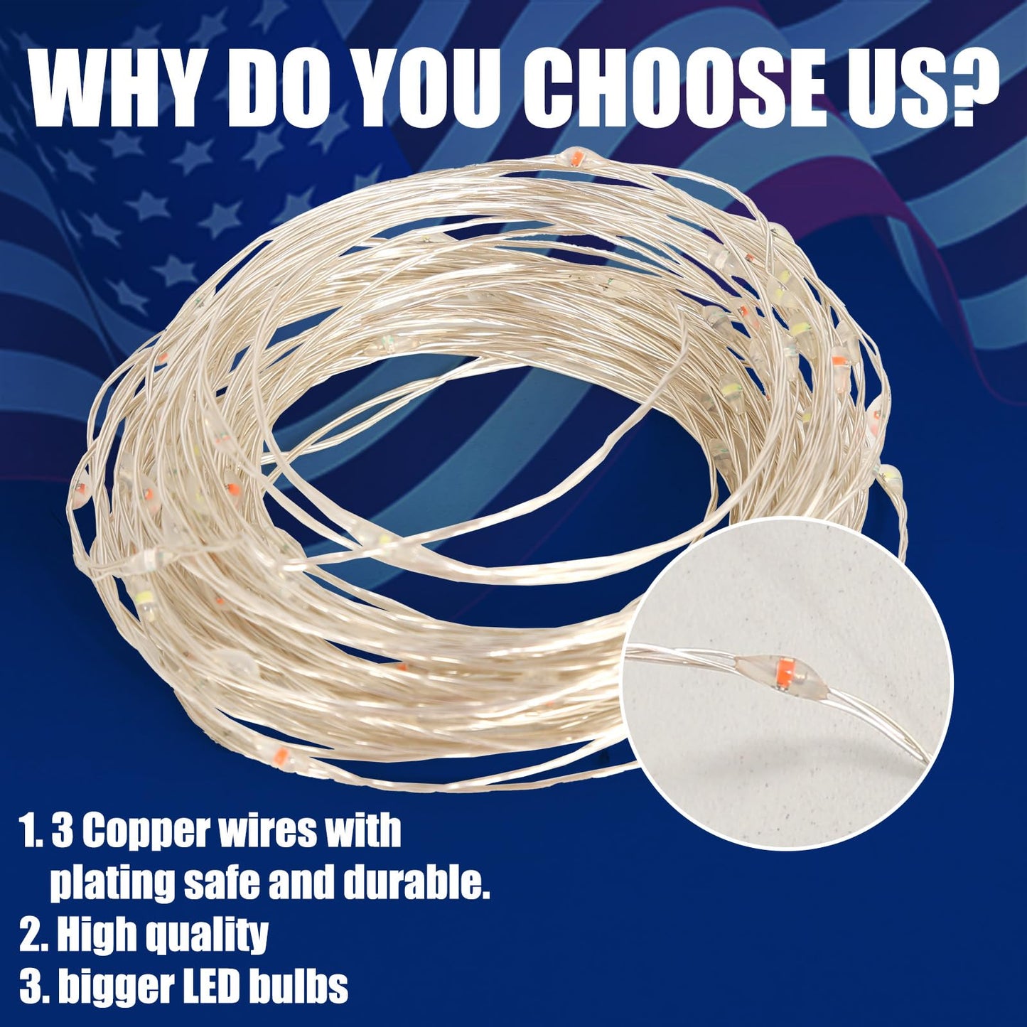 4th of July Red White Blue 100 LED 50 Photo Clips String Lights Holder 33FT Starry Fairy Lights for Hanging Pictures Cards Memos USB Powered with Switch Perfect for Bedroom Dorm Christmas Decor