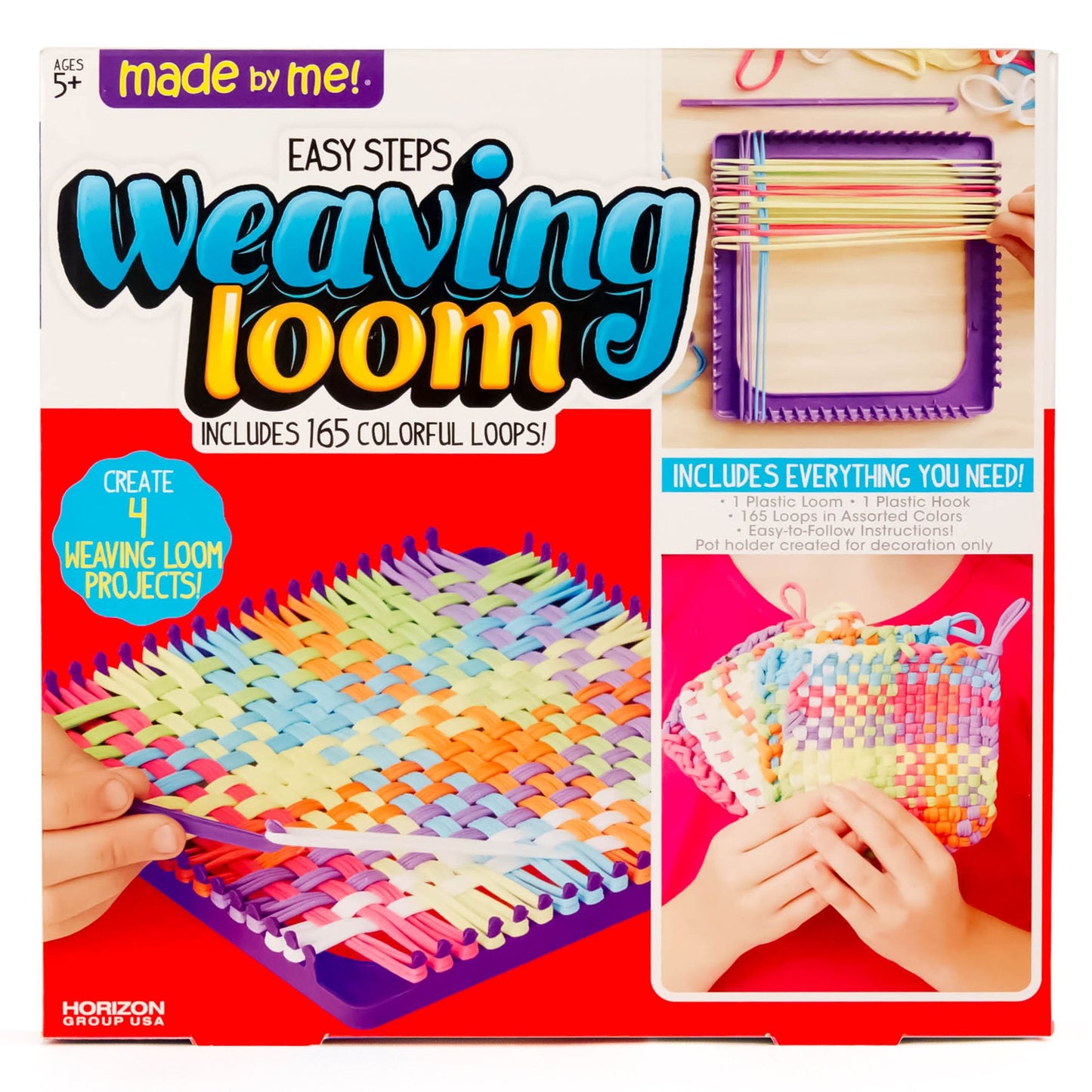 Made By Me Easy Steps Weaving Loom for Kids, Includes 165 Loom Loops & 1 Weaving Loom with Loom Hook, Makes 4 Projects, Hook & Loop Potholder Kit, DIY Weaving Kit, Potholder Loom Kit, Kids Crafts