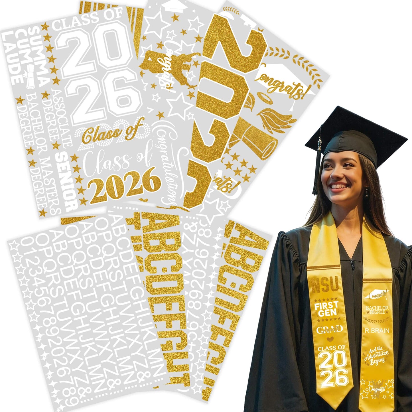 Graduation Stole Sash Class of 2026 Decorations DIY Customize Graduation Stole Graduation Sash Personalized Iron-On Decals Heat Transfer Vinyl HTV Cutouts Set, White Gold
