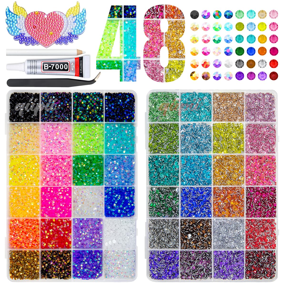 qiipii 48 Color 4mm Jelly AB & Crystal Colorful Resin Rhinestones for Bedazzling Crafting SS16 Flatback Stones Gems Diamonds Charms for Nails Eyes Face Makeup Beauty Tumblers Bottles DIY Crafts Shoes