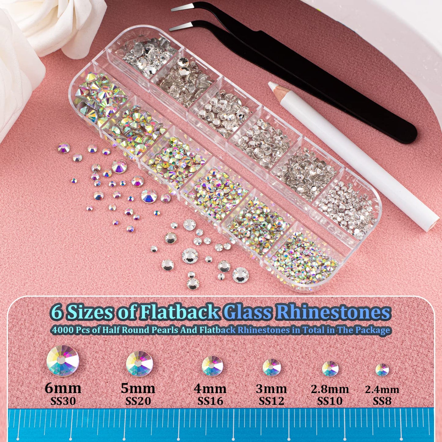 4000 PCS Half Round Pearls and Rhinestones, Flat Back White and Beige Half Pearls and Clear+AB Round Crystal Gem Kit with Tweezer and Pickup Pencil for Nail Art and DIY Decoration