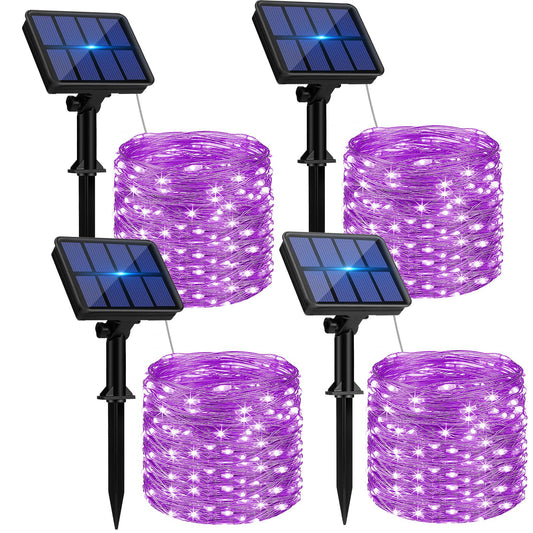 4 Pack Solar String Lights Outdoor - 320LED 132FT Halloween Solar Fairy Lights Outside Waterproof, 8 Modes Purple Solar Powered Twinkle Lighting Decorations for Tree Garden Yard Spooky Patio Party