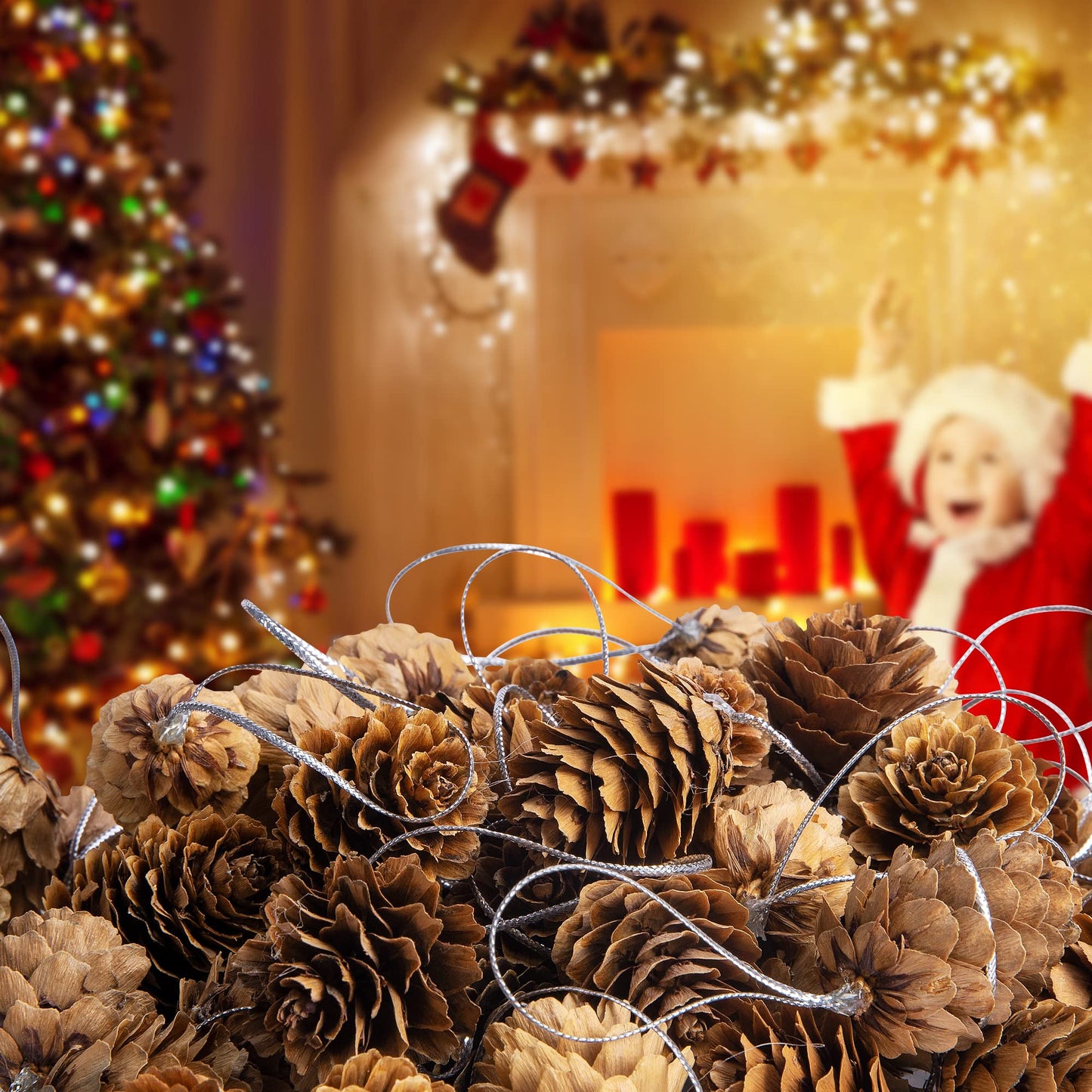 60 Pcs Christmas Natural Mini Hanging Pine Cones with String- 1.2 Inch Fall Thanksgiving Christmas Tree Hanging Pinecone Ornaments for DIY Crafts, Home, Party, Wedding Decor