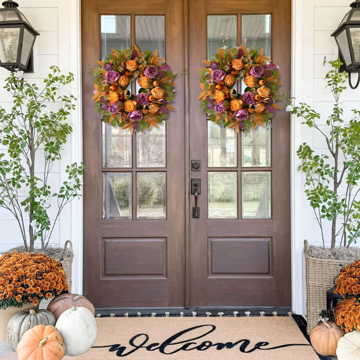 24 Inch Harvest Fall Wreath for Front Door Outside with Orange Purple Peony
