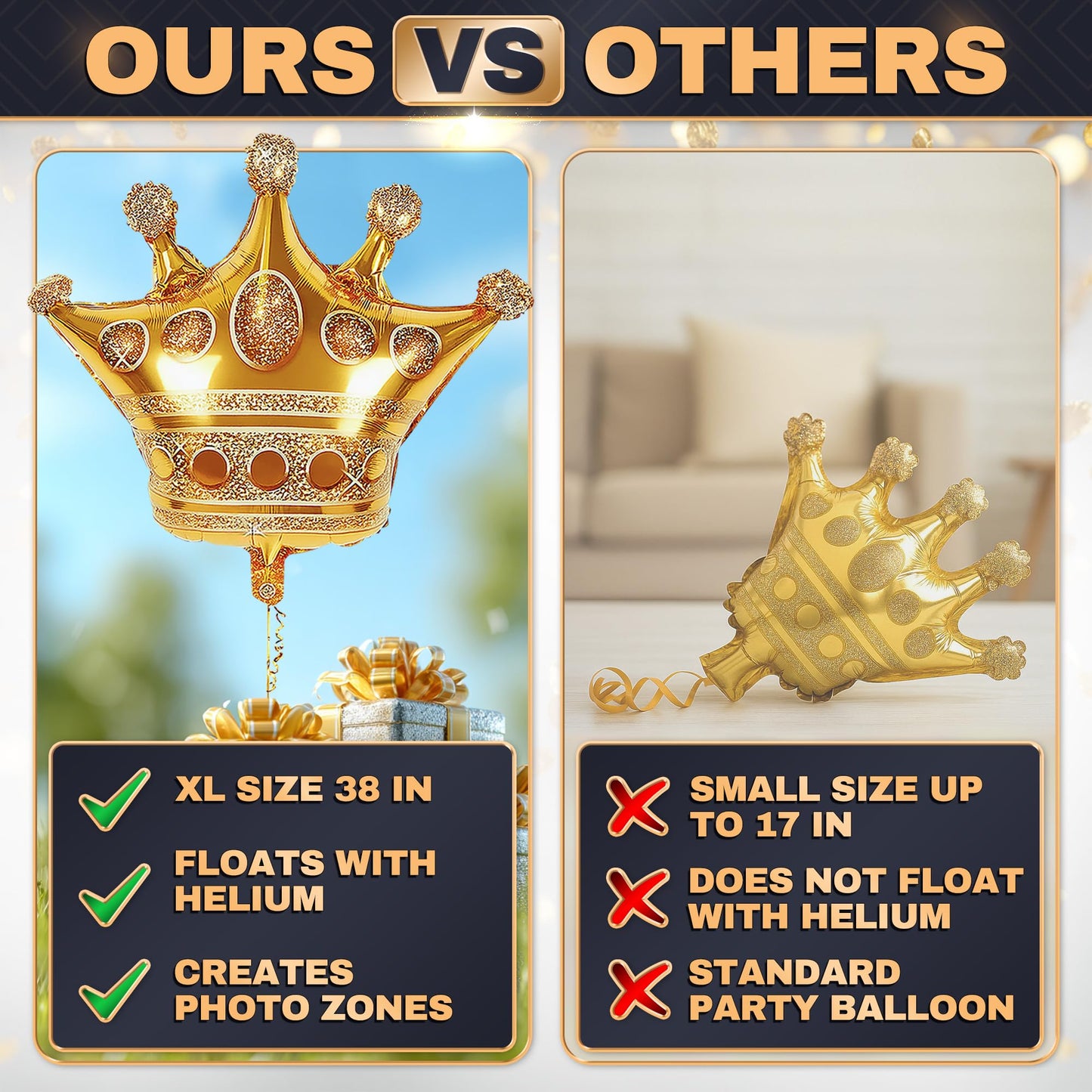 3 Pcs 38" Gold Crown Balloons – Large Gold Balloons with Royal Crown Shape, Reusable Aluminum Foil – Eye Catching Centerpiece for Princess Party Decor, Birthday Setup, Graduation and Photo Backdrop