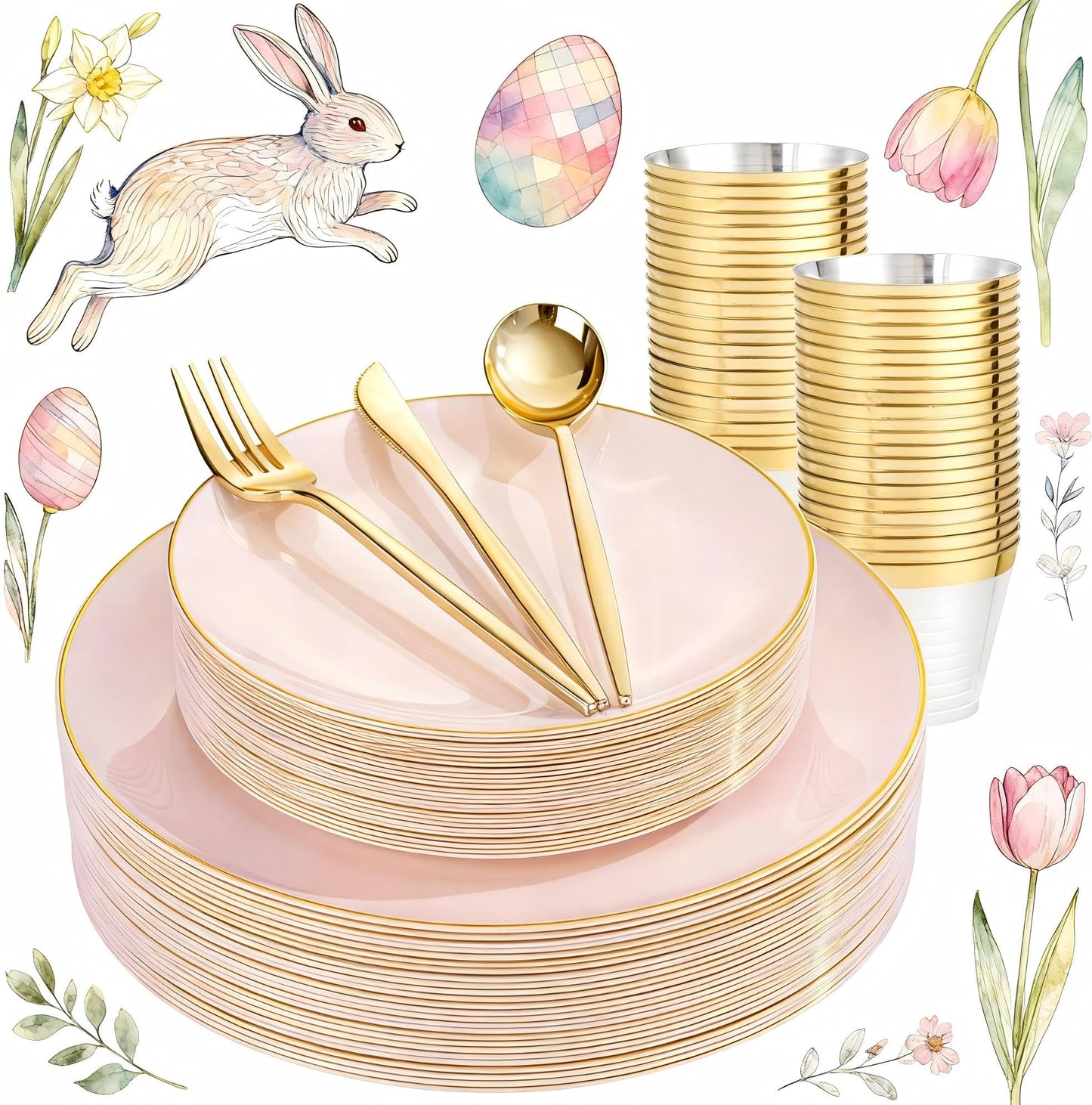 bUCLA 150PCS Pink Plastic Plates - Pink and Gold Disposable Include 25 Each (Dinner & Dessert) Plates, 25 Knives, 25 Forks, 25 Spoons and 25 Cups, Ideal for Party, Wedding & Easter