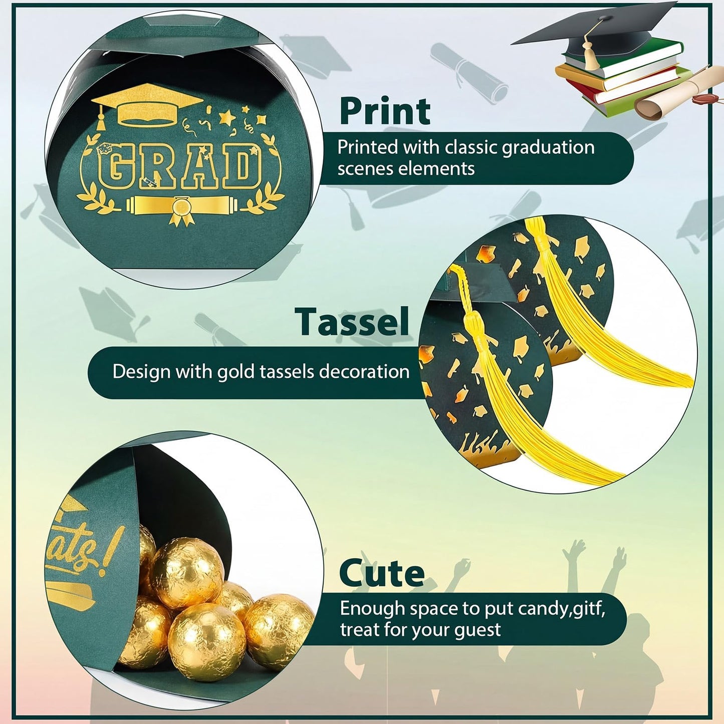 Spakon 30 Pcs Graduation Cap Gift Box Graduation Party Favors Candy Boxes Treat Box with Tassel Table Centerpieces Class of 2026 Grad Decorations(Green, Gold)