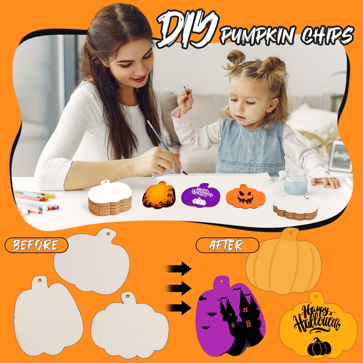 Pumpkin 30Pcs Unfinished Wooden Ornaments Halloween Thanksgiving Autumn Paintable Blank Pumpkin Cutouts Hanging Wood Slices DIY Craft for Kids Art Crafts Party Supplies