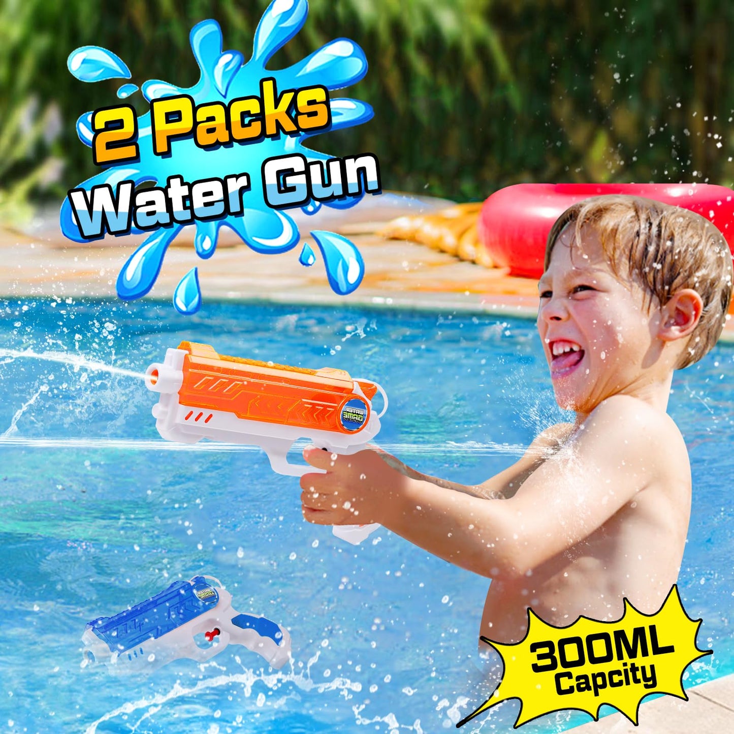 Quanquer 2 Pack Water Guns for Kids - 300cc Squirt Water Pistol Blaster Gun with Trigger for Boys Girls Toddlers, Summer Party Favors for Outdoor Swimming Pool Beach Water Fighting