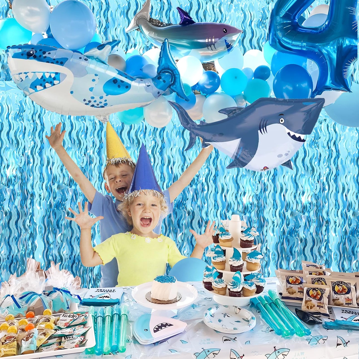 Wavy Tinsel Foil Fringe Curtains 3 pcs Teal Blue Backdrop for Mermaid Birthday,Under The Sea Party,Baby Shark Birthday Decorations(3.2 ft x 6.6 ft)
