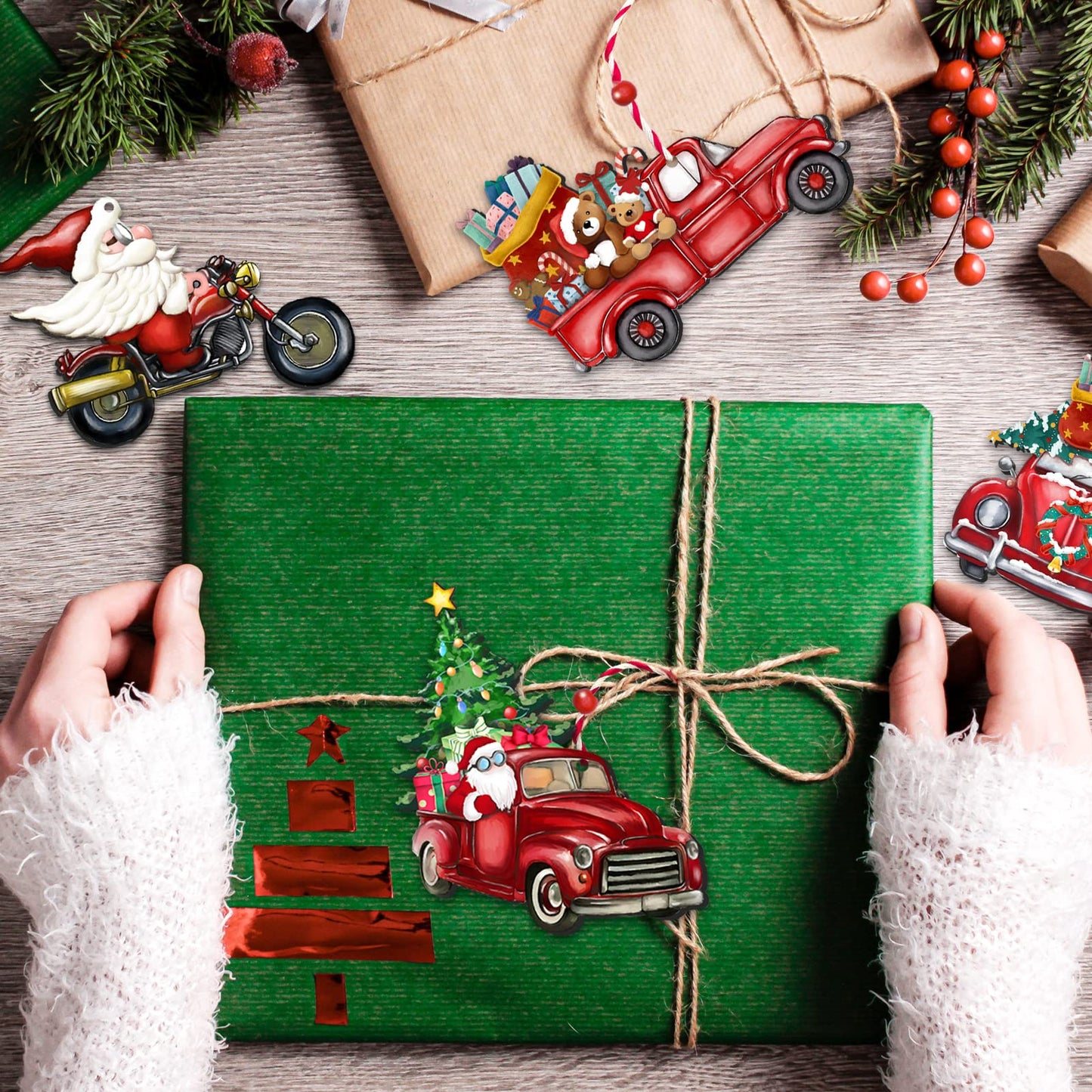 JOPHMO Wooden Christmas Truck Ornaments Red Truck Wooden Hanging Ornaments Wooden Car Crafts with Bead Farmhouse Hanging Decor for Xmas Tree Decoration Holiday Parties Craft Supplies 24 Pieces