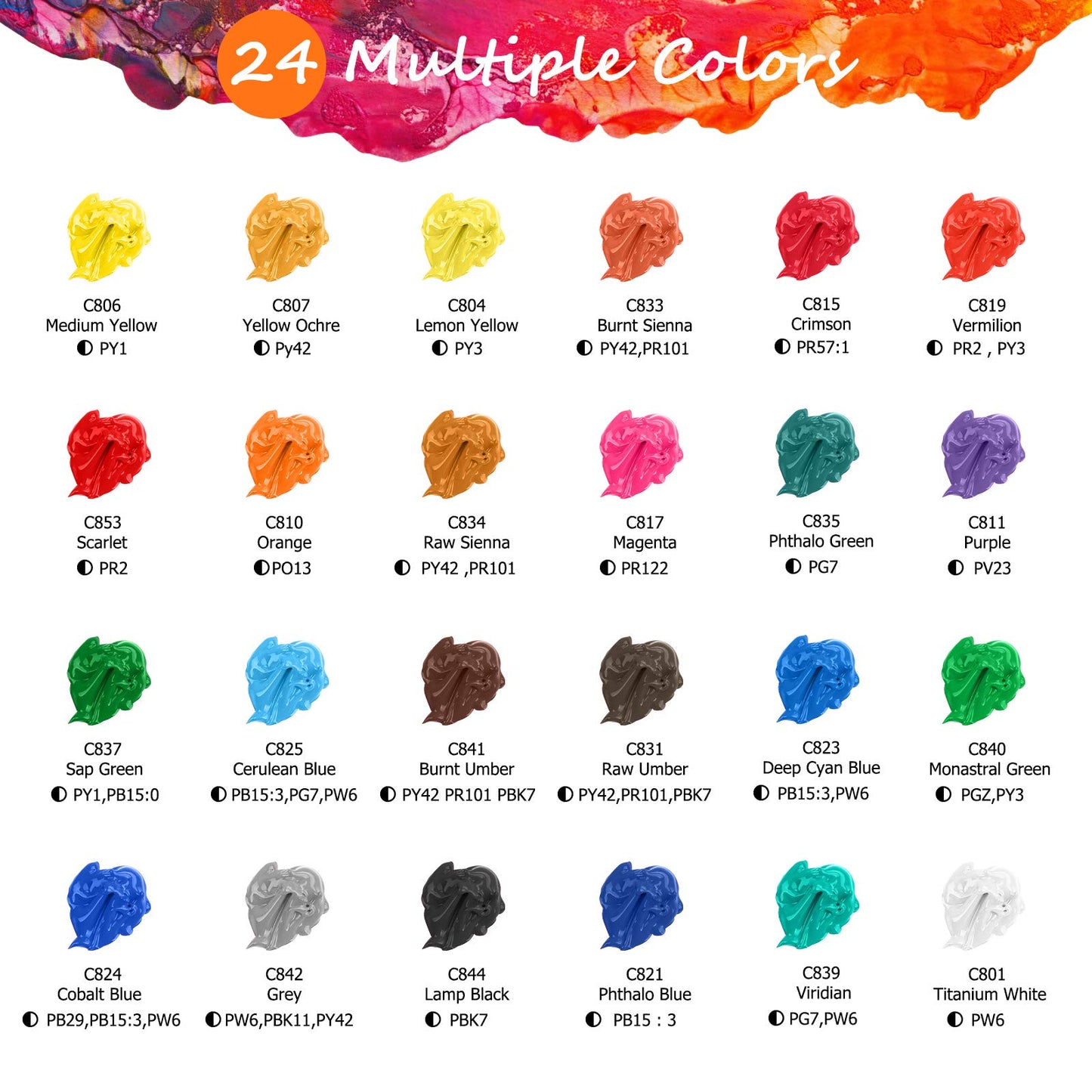 Acrylic Paint Set with 12 Brushes, 24 Colors (120ml, 4oz) Art Craft Paints for Artists Kids Students Beginners & Painters, Canvas Ceramic Wood Rock Painting Art Supplies Kit