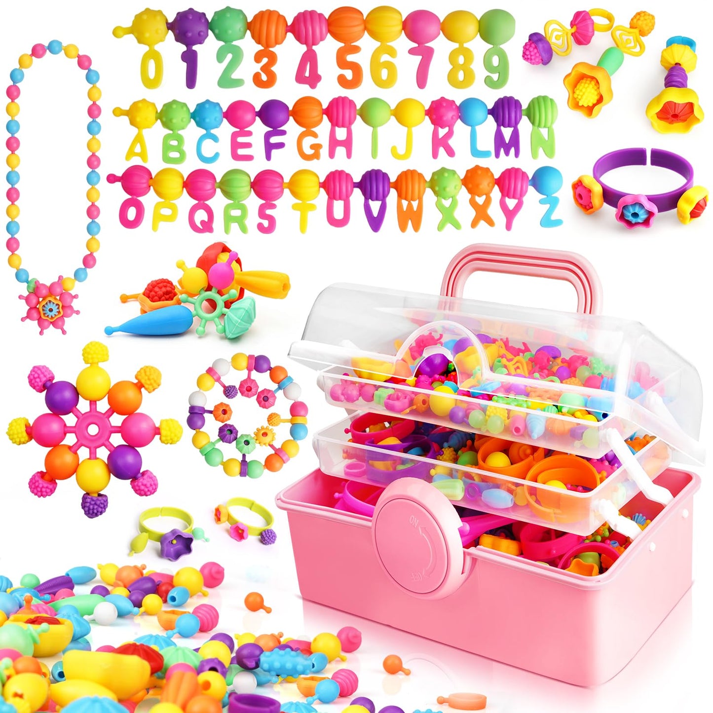 FUNZBO 850pcs Pop Beads - Jewelry Making Kit for 3 4 5 6 7 8 Year Old Little Girls, Arts and Crafts Toys for Kids, Necklace Bracelet Ring Hairband Creativity Snap Set, Birthday Gifts for Kids