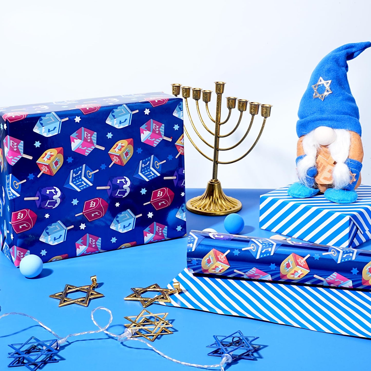 Hanukkah Wrapping Paper Roll, Double-Sided Foil Gift Wrap with Dreidel & Stripes, 17 inch x 33 feet, Blue Holiday Wrapping for Family, Kids Presents & Party Supplies