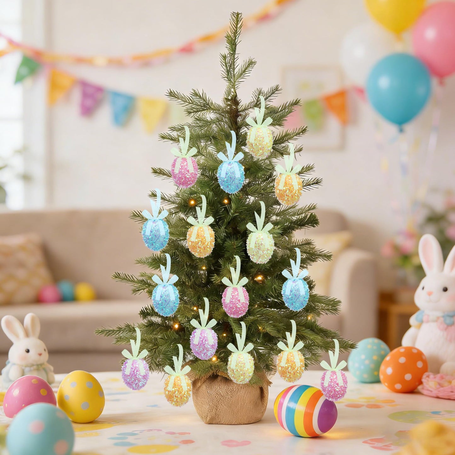 48 Pcs Easter Glitter Hanging Eggs, Shiny Tinsel Easter Egg Ornaments, Spring Foam Egg Hanging Decoration for Home Holiday Party Celebrations Tree Wall DIY Craft Decoration (1.3'' x 1.6'')