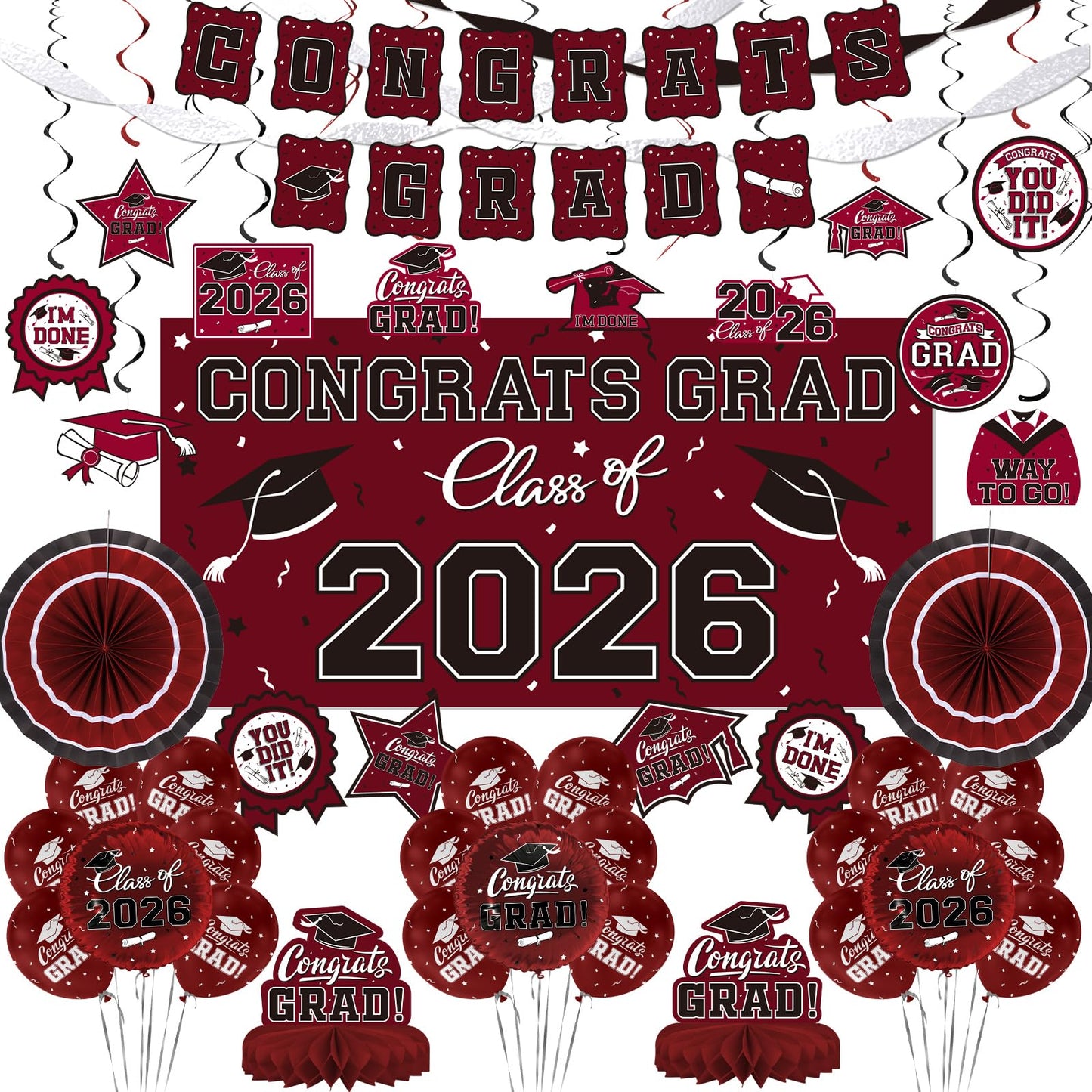 Maroon Themed 2026 Graduation Decorations Set - Congrats Grad Banner, Class of 2026 Backdrop, Balloons & Streamers Kit - Complete Party Supplies for High School & College Celebrations